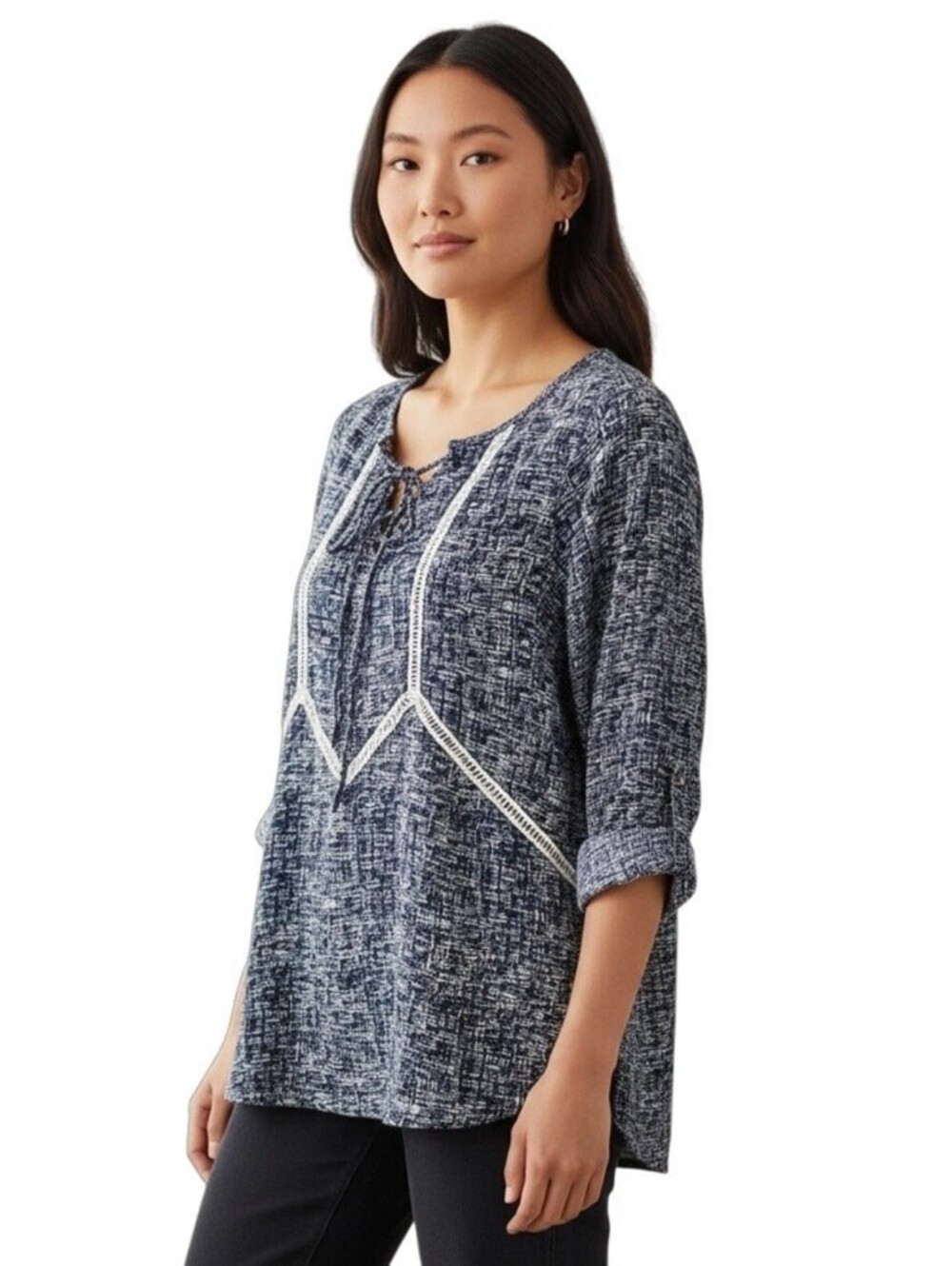 Skies Are Blue Women's Peasant Top S Blue Print Roll Tab Long Sleeve Boho Blouse